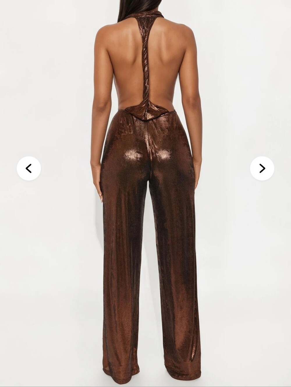 Fashion Nova Bronze Metallic Halter Jumpsuit - Picture 3 of 15